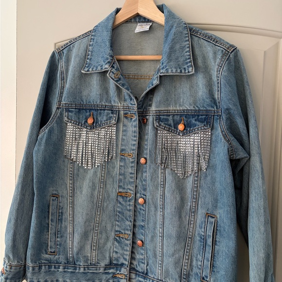 ThreeTwoOne Embroidered Rhinestone Pockets Women's Bride Jean Jacket Medium - Picture 3 of 12